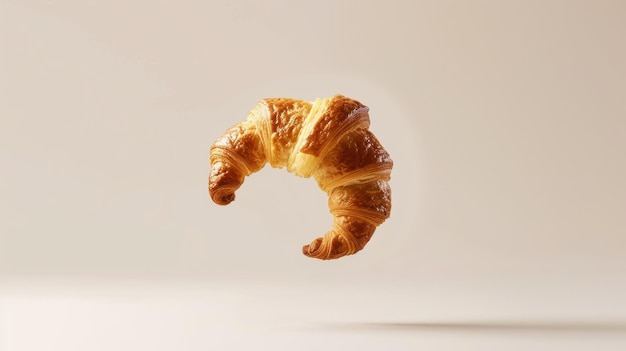 Foto un croissant perfettamente cotto che cade nell'aria su uno sfondo bianco