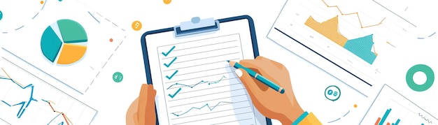 Photo a person analyzing data with charts graphs and a checklist to monitor progress and trends