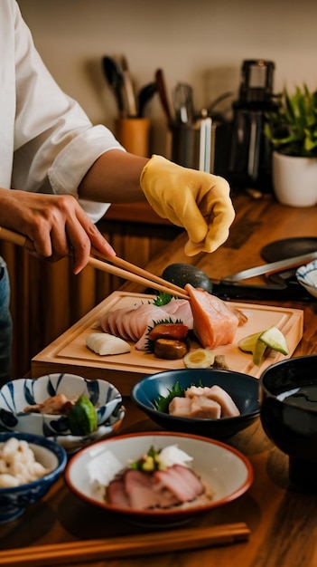 Foto persona che cucina cibo giapponese