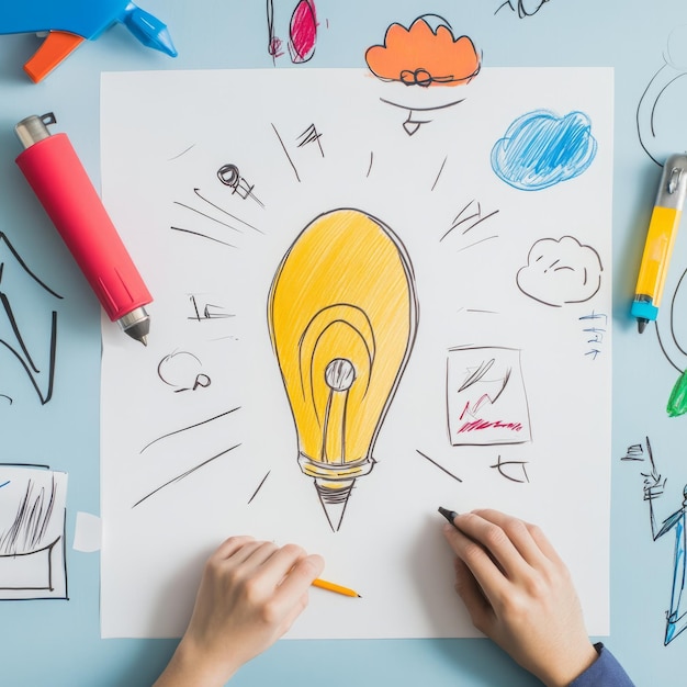 Photo person drawing a lightbulb on a white sheet of paper on a blue background