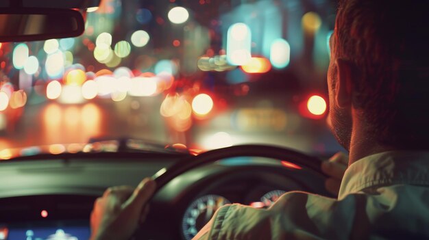 Photo a person drives through a brightly lit urban street at night the car interior softly illuminated with colorful city lights blurred in the background