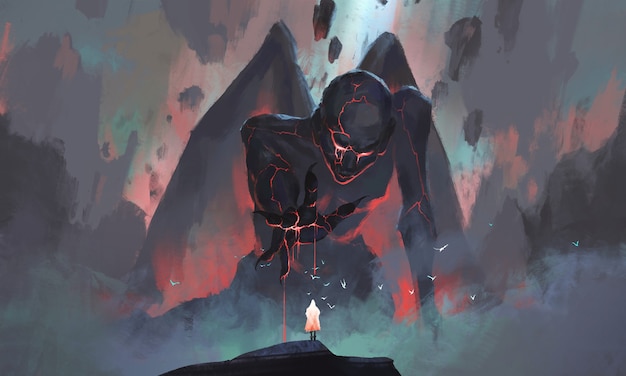 A person faces a monster rising from the ruins illustration.