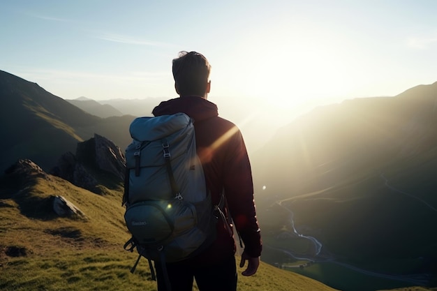 person hiking in the mountains in the morning Generative AI