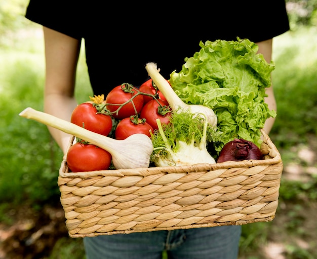 Person holding bucket with veggies front view