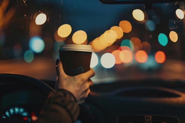 Photo a person holding a coffee cup while driving a car at night with blurred city lights in the background