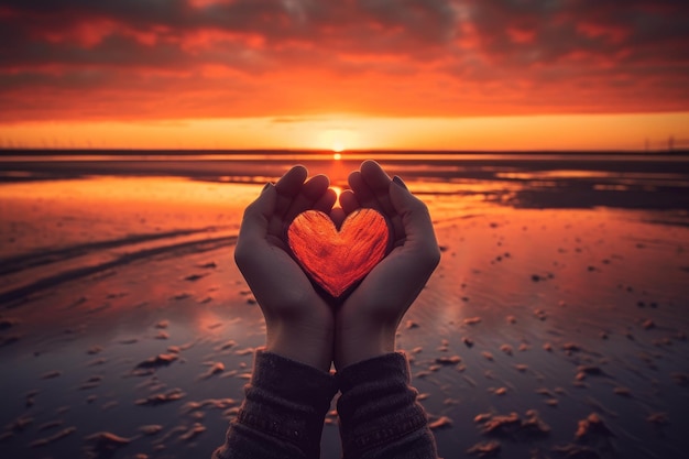 A person holding a heart in their hands on a beach with the sun setting behind them