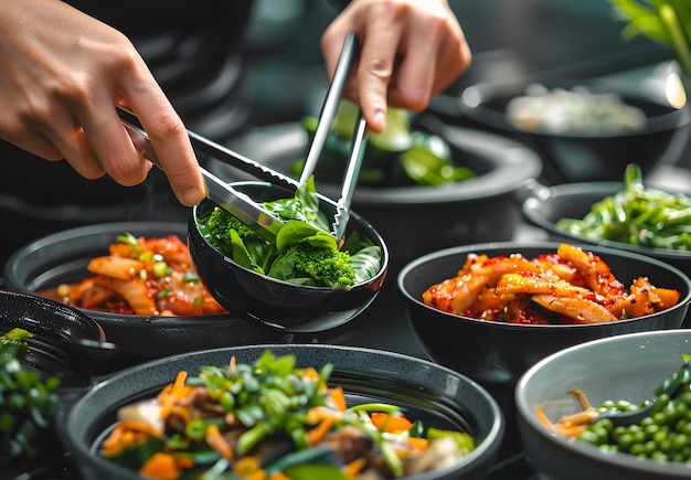 Foto una persona sta mangiando cibo con bacchette e altri piatti