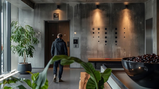 Photo person measuring pressure near elevator with bowl of black beans on bench in boho urban