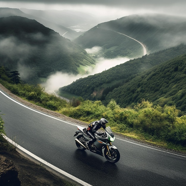 a person on a motorcycle is riding down a winding road