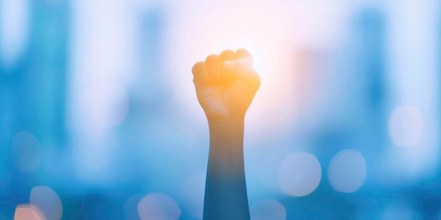 Photo a person raising their fist in the air at an urban protest with sunlight on blur background with buildings conveying hope and determination against social justice