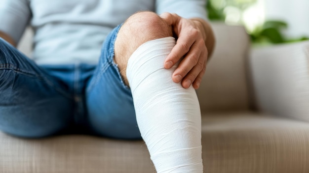 Photo person with bandaged knee sitting on sofa