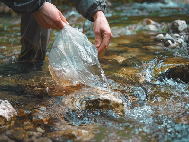 Photo person with plastic bag over river