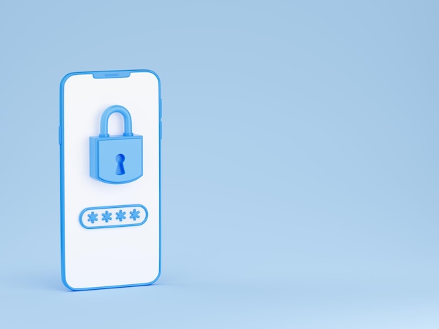 Personal data secure 3d render padlock and password field on mobile phone screen