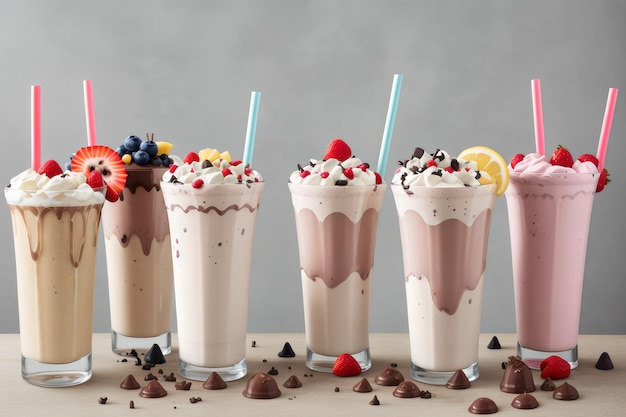 Photo photo assortment of milkshake glasses with fruits and chocolate