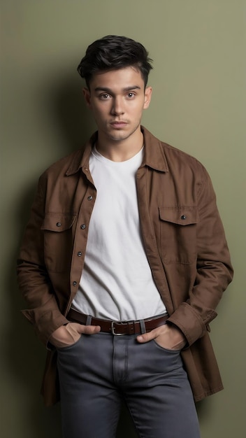 Photo photo of attractive young man posing hands pockets look empty space dressed stylish brown clothes i