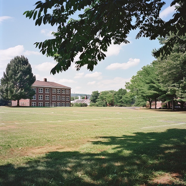 Photo photo of the background view of a school field with green grass and a few trees