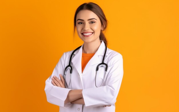 Photo photo a beautiful young doctor wearing white uniform in yellow background