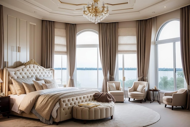 Photo a bedroom with a bed and bedhead a window with curtains with ceiling and acluxury bedroom