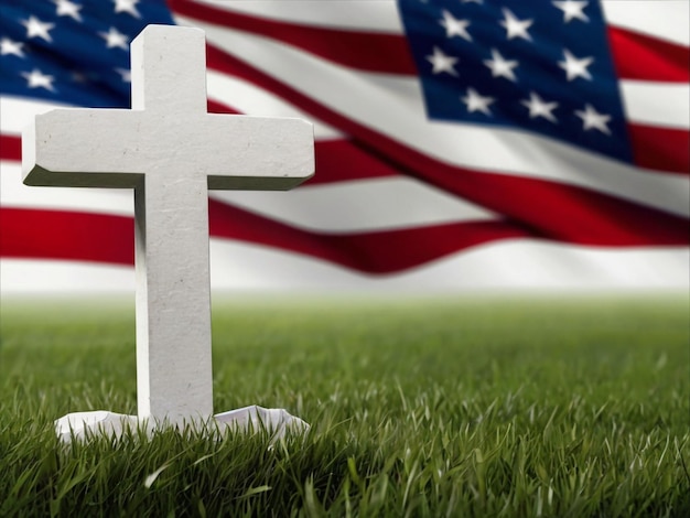 photo of a cross and usa flag for memorial day celebration