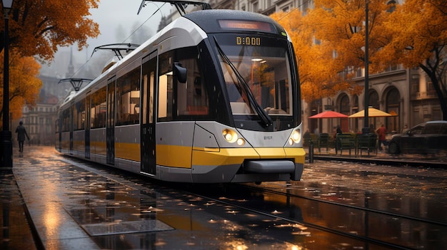 A photo of an electric tram in a city