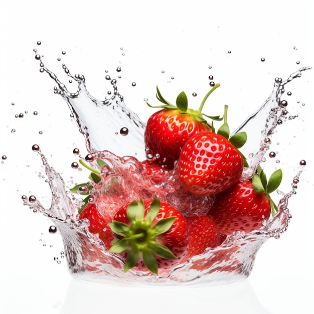 photo of fresh strawberries with splashes of water on a white background