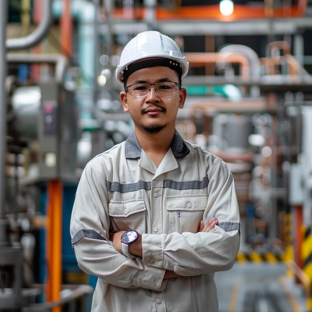 photo portrait of an industry maintenance engineer in a hard hat standing before a machine