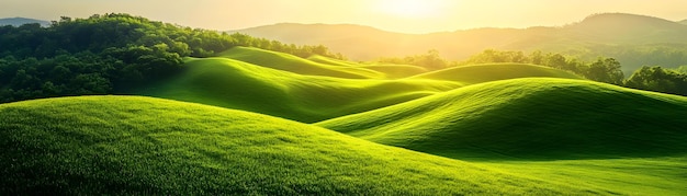 Photo photo realistic as rolling green hills with golden sunlight concept as a scene featuring rolling gre