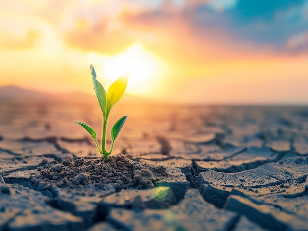 Photo a photo of a small green plant sprouting from cracked earth with the sun setting in the background