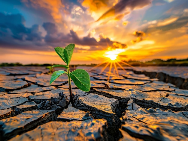 Photo a photo of a small green plant sprouting from cracked earth with the sun setting in the background