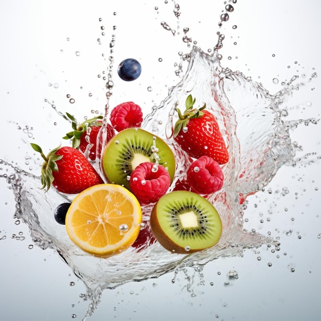 photo of some fresh fruit between splashes of water with a white background