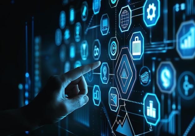 Photo photo of a virtual financial dashboard with various icons and a hand navigating the screen