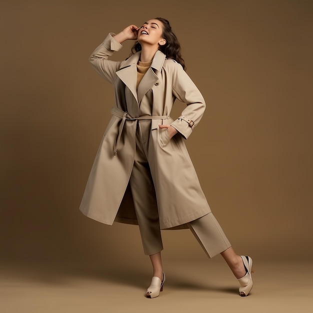 Photo photo of woman in midi trench coat flirtatiously raising her legs and blowing a kiss on a brown background