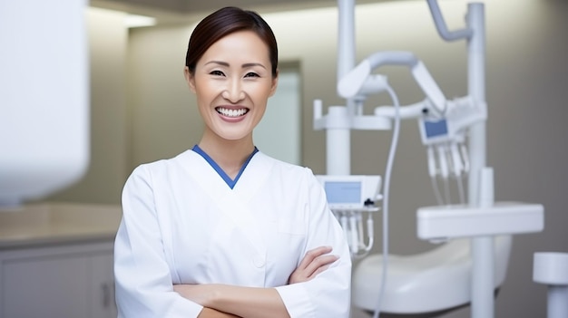 Foto una foto di una giovane professionista e una bella dentista sta in piedi in un ufficio dentistico