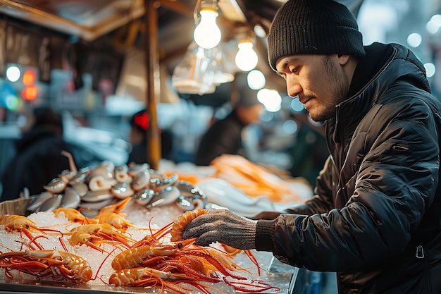 Foto la fotografia raffigura un uomo che acquista un'immensa quantità di frutti di mare crudi al mercato del pesce e allo spazio.