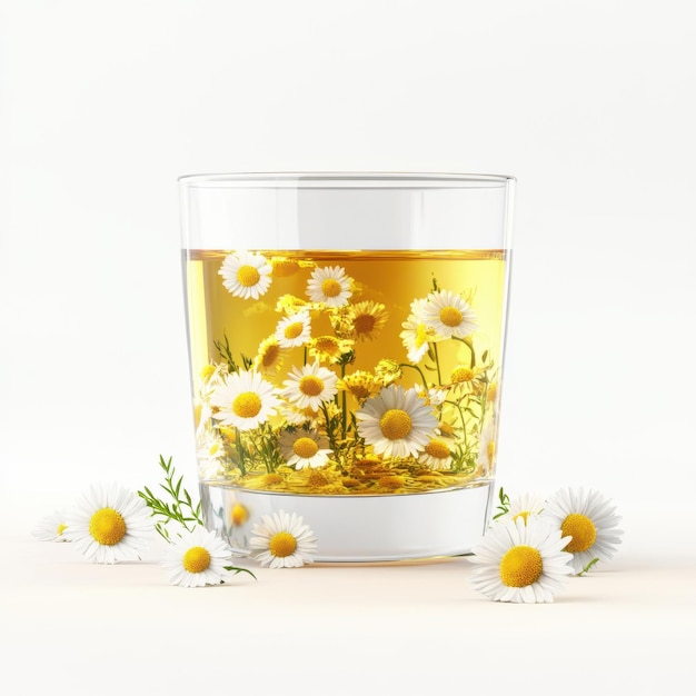 Photo photorealistic floating glass of chamomile tea with chamomile flowers