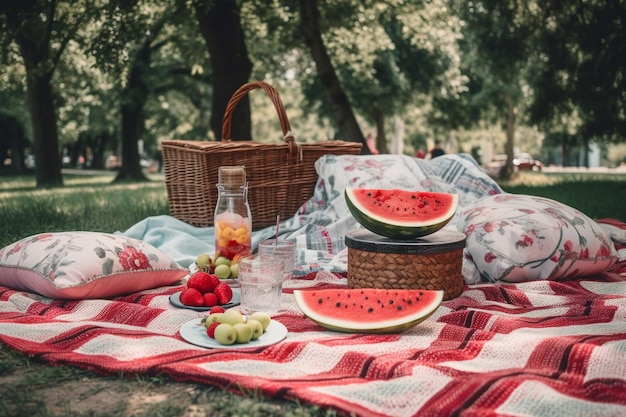 A picnic blanket with watermelon strawberries and other fruit on it Generative AI