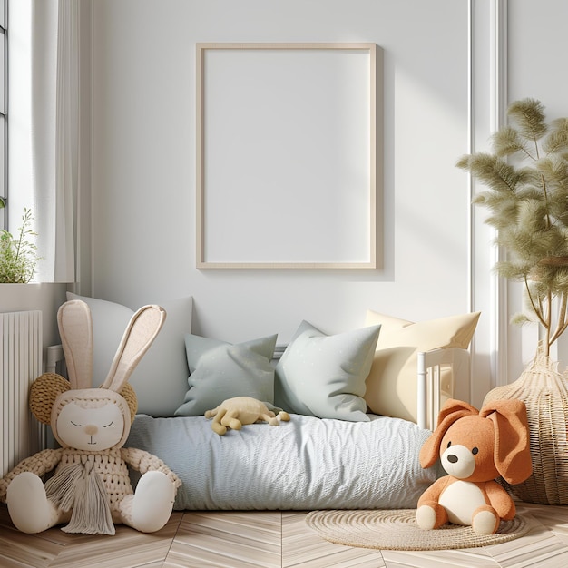 A picture frame is hanging above a bed with stuffed animals and a teddy bear on the bed in front of