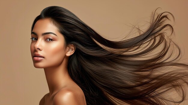 Picture of an Indian woman with long wavy hairs on clean backdrop space Generative AI