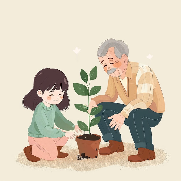 Photo a picture of a little girl and a plant with a man in a green shirt