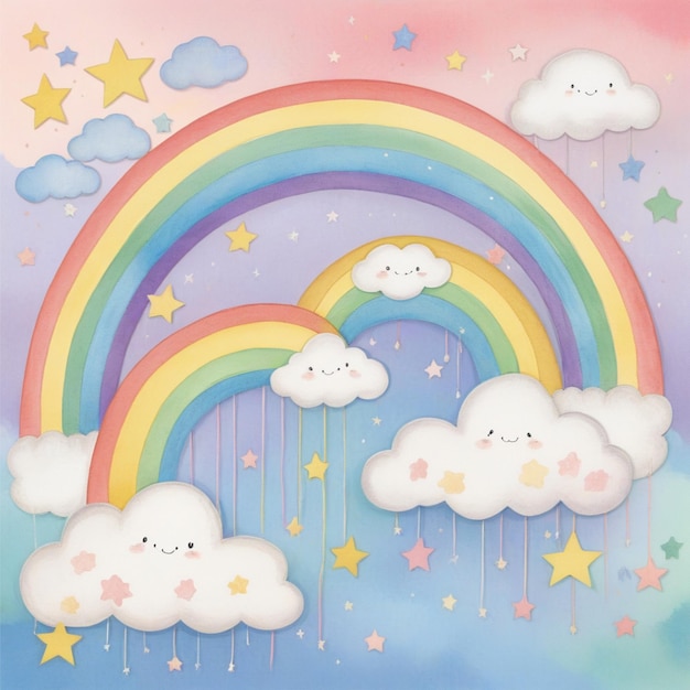 Photo a picture of a rainbow with stars and clouds