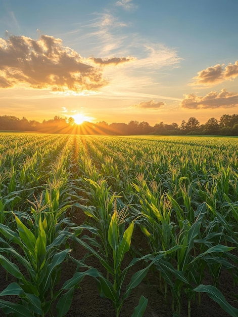 A picturesque view of a cornfield bathed in the golden light of sunset The rows of green corn