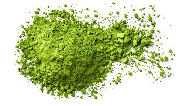 Pile of green matcha powder isolated on white top view