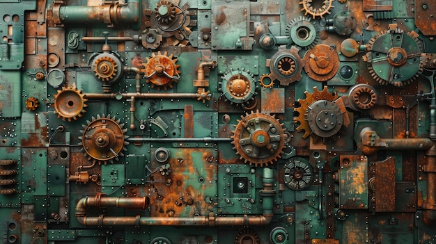 A pile of old gears and mechanical parts arranged on iron sheets