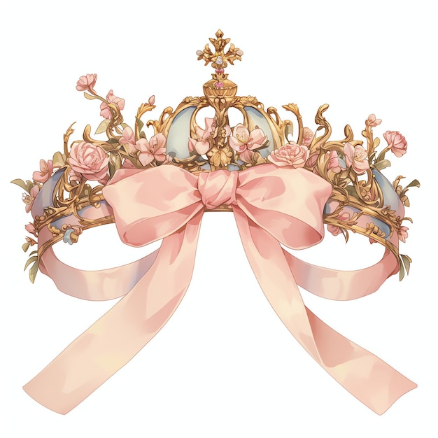 pink anime watercolor gold crown tiara with spring botanical flowers