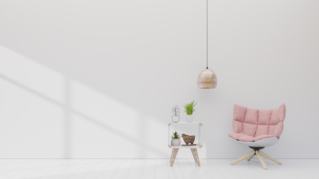 Pink armchair with cabinet in white room with simple lamp on empty wall. 