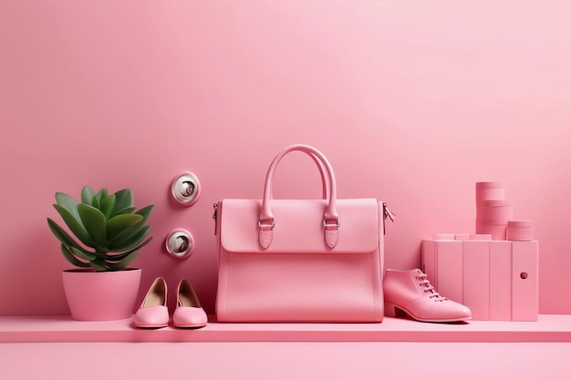 Pink bags and shoes on a pink background