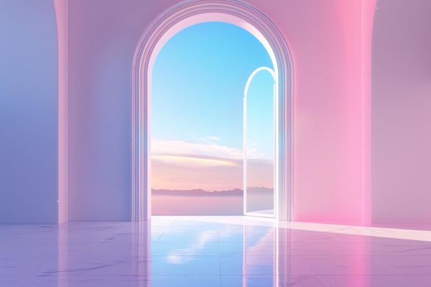 Photo a pink and blue room with a white arch and a light pole