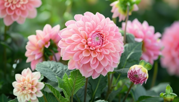 Photo pink dahlia flowers blooming in a garden during summer