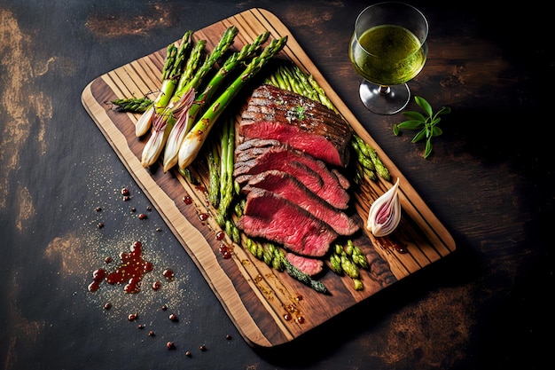 Pink delicious flank steak lies on wooden board with asparagus and sauces