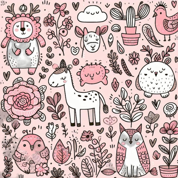 Photo pink doodle animals and plants